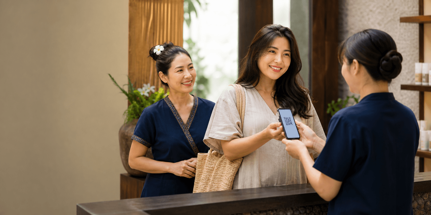 พนักงานสปาต้อนรับสมาชิกและสแกน QR บัตรสมาชิกผ่านโทรศัพท์